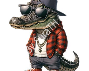 May include: A cartoon alligator wearing a red and black plaid shirt, a black baseball cap, sunglasses, and a gold chain with a dollar sign pendant. The alligator is wearing gray pants and red sneakers.