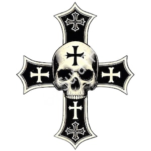 May include: A black cross with a white skull in the center. The cross has four smaller crosses on each arm, all in black with white outlines.