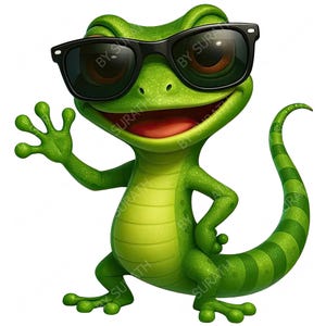 May include: A cartoon illustration of a green gecko wearing black sunglasses, waving with its left hand. The gecko has a red mouth and a striped tail, set against a white background.