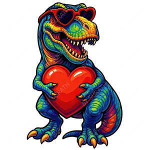 May include: A colorful illustration of a Tyrannosaurus Rex wearing heart-shaped sunglasses and holding a large red heart. The dinosaur is primarily blue with green, yellow, and orange accents. The image has a cartoon style.