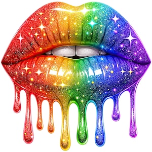 May include: A digital illustration of a pair of lips in a rainbow gradient, with sparkling glitter and dripping effect. The lips are a vibrant mix of colors, including red, orange, yellow, green, blue, and purple, with white teeth.