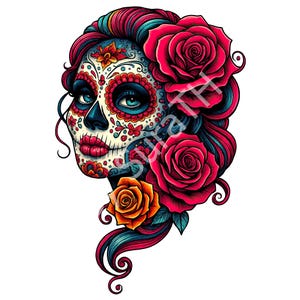 May include: A colorful illustration of a sugar skull with intricate floral designs and vibrant red, orange, and blue accents. The skull features large, expressive blue eyes and is adorned with red roses and flowing hair.