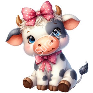 May include: A cute cartoon cow with black and white spots, wearing a pink bow with white polka dots. The cow is sitting with its legs crossed and has a big smile on its face.
