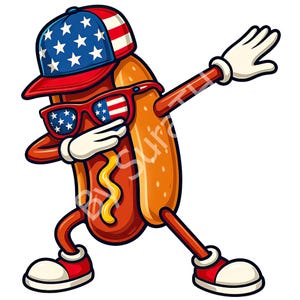 Puede incluir: Un personaje de dibujos animados de perrito caliente que lleva gafas de sol, una gorra de béisbol y zapatos, todos decorados con la bandera estadounidense. El perrito caliente está haciendo un dab con un brazo levantado y el otro doblado. El perrito caliente tiene un garabato de mostaza.