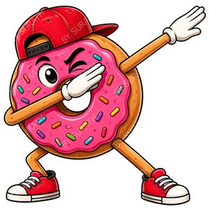 May include: A cartoon donut character with pink frosting and colorful sprinkles, wearing a red baseball cap and red sneakers. The donut has thin arms and legs, is winking one eye, and is performing a dabbing pose with white gloved hands.