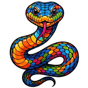 Könnte beinhalten: Bunte Illustration einer Schlange mit Mosaikmuster. Der Schlangenkopf ist blau, orange und gelb, mit einer rosa Zunge. Der Körper ist eine Mischung aus Blau, Orange, Grün und Rosa, wodurch ein lebendiges und auffälliges Design entsteht.