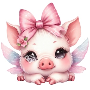 Alas de hada de cerdo lindas PNG, clipart de cerdo lindo, lazo rosa de cerdo kawaii, cerdito lindo, descarga digital, sublimación, imprimible