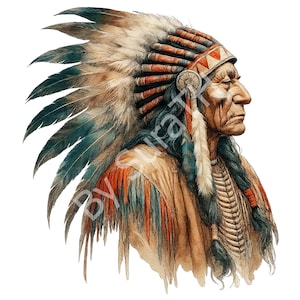 Könnte beinhalten: Aquarellporträt eines indianischen Mannes im Profil, der einen Federkopfschmuck mit roten, blauen und braunen Akzenten trägt. Der Mann hat lange, dunkle Zöpfe und ist in traditioneller Kleidung gekleidet. Das Bild hat einen Vintage-Kunststil.