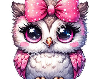 Owl Pink Bow PNG, Owl Clipart, Digital Download, Printable, Sublimation, Transparent Background
