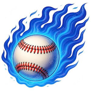 May include: A baseball illustration with a white ball and red stitching, encircled by stylized blue flames. The artwork has a detailed, hand-drawn appearance, with shading and highlights to give a three-dimensional effect. The overall theme is sports and action.