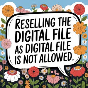 Pode incluir: Ilustra&ccedil;&atilde;o colorida com um bal&atilde;o de fala que diz "Reselling the Digital File as Digital File is Not Allowed." A imagem &eacute; cercada por v&aacute;rias flores em tons de laranja, rosa, vermelho e branco contra um fundo de c&eacute;u azul.