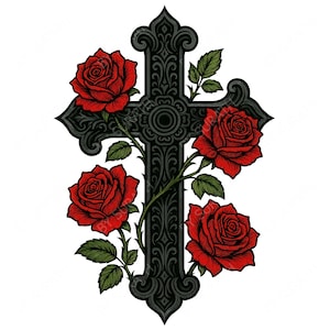 Könnte beinhalten: Detaillierte Illustration eines schwarzen gotischen Kreuzes, verziert mit vier leuchtend roten Rosen und grünen Blättern. Das Kreuz weist aufwendige Schnörkel und ein zentrales kreisförmiges Design vor weißem Hintergrund auf.