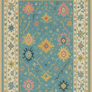 Blue Oushak rug 8x10/9X12/10x14 Turkish knot rug Hand-knotted Vintage Antique Oushak Area Rug for Living Room, Dining room Wool Area Rugs