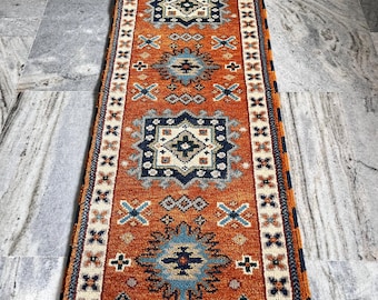Tapis de course kazak traditionnel pour entrée, motif géométrique orange et bleu, tapis de sol épais antidérapant, moquette tribale durable