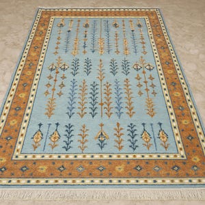12x15 Blue colorful Modern Oushak Area Rug Turkish Inspired 100 % Wool Hand Knotted Oriental Rug 9x12, 10x14,Area