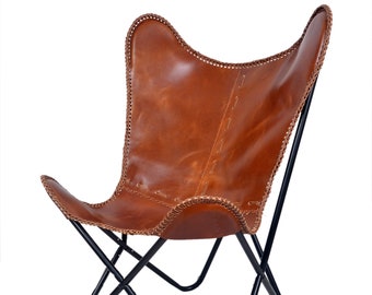 Klapstoel van rundleer vlinder met ijzeren onderstel - comfortabele stoel - housewarmingcadeau - leren woonkamerstoelen - leren stoelen