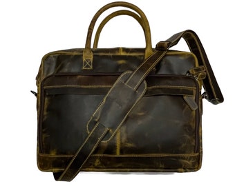 Bolsa de couro de grão superior feita à mão, bolsa transversal para laptop, bolsa de escritório, pasta rústica, vintage, bolsa mensageiro para homens e mulheres