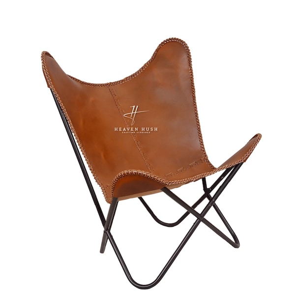 Handmade And Handcrafted tan brown Color Buff Leather Butterfly Chair For Gift And Home Decor