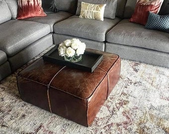 Leather Pouf - Vintage Leather Ottomans - Soft Leather Footstool - Authentic Unstuff Leather Pouf-Bohemian Home Décor - Luxury Leather Pouf