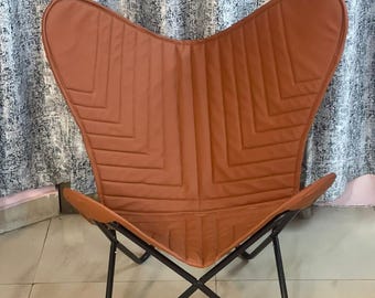 Butterfly Chair - Brown Padded Leather Butterfly Cover With Folding Iron Frame, Easy To Assemble, Farmhouse Décor Furniture, Gift for Him