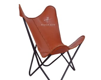Butterfly Chair - Light Brown Buff Leather Butterfly Chair – Timeless Design with Sturdy Metal Frame, Perfect for Home Décor & Gifts