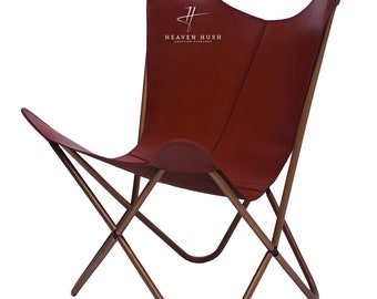 Genuine Leather Butterfly Chair, Brown Leather Handcrafted Living Room Luxury chair, Relaxing Chair, Ascent Chair Gift,Premium Leather Cover