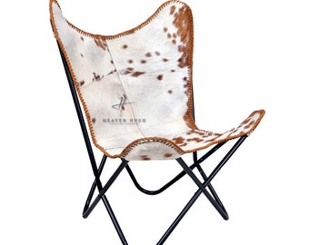 Butterfly Chair - Tan and White Hair-on Leather Chair - Genuine Leather Chair for Home Décor & Gift Foldable Accent Chair for Home Décor