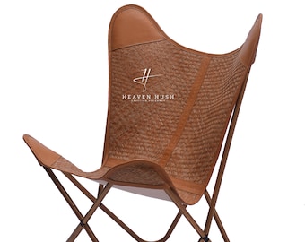 Leather Butterfly Chair – Bamboo Canvas Leather Mixture Seat With Iron Stand – Butterfly Chair for Farmhouse Décor