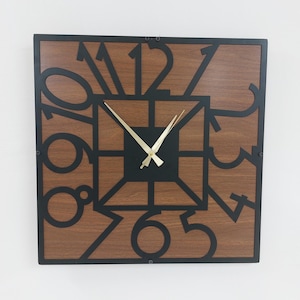 Square Black Large Latin Numeral Metal and Wood Wall Clock, Square Wall Decor, Unique Wall Clock, Geometric Metal Wall Clock, Silent Clock