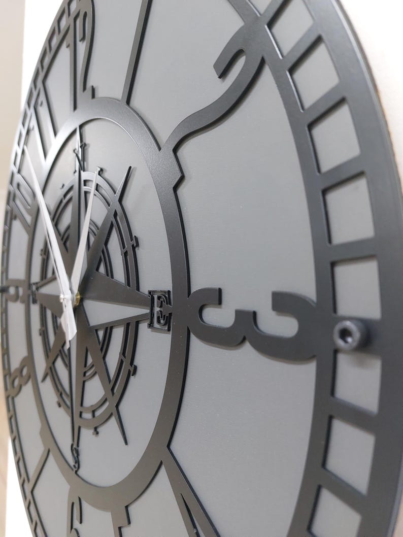 Wooden Metal Wall Clock, Compass Wall Clock, Grey Wall Clock, Large ...