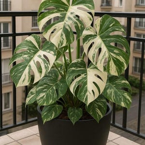 Puede incluir: Una planta de Monstera en maceta con hojas grandes y abigarradas en tonos verdes y blancos. La planta está en una maceta negra, colocada sobre una superficie embaldosada, con una barandilla negra y un edificio al fondo.