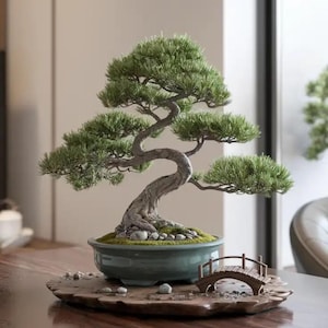 Artificial Bonsai Juniper Tree Faux Plant Black Ceramic Pot