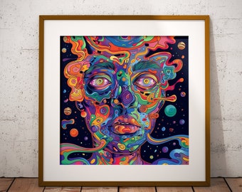 Plakat z psychodelicznym zdobieniem twarzy, psychodeliczna surrealistyczna ilustracja (bez ramki)