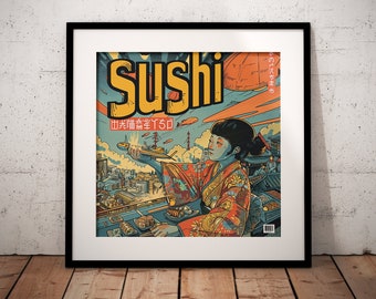 Sushi Poster, Moebius Art, Japanese Comic Food Print, Kitchen Wall Art