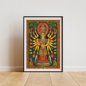 May include: A colorful painting of a Hindu goddess with multiple arms, wearing a red and yellow dress and a crown. The goddess is surrounded by flowers and other decorative elements.