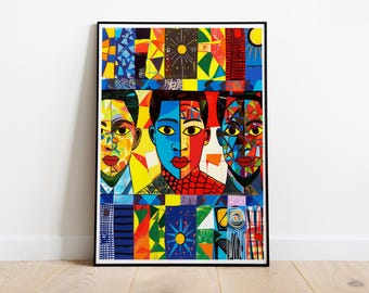 Abstract Black Men Portrait Print: Kerry James Marshall Inspired Afro Art