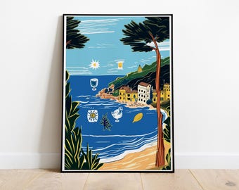 Mediterranean Coastal Poster, Nautical Artwork, Tropical Summer Art, Seaside Art Print, Italian Riviera, Relaxing Decor, Exotic Wall Decor