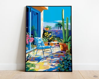 Fauvist Patio Art Print, Hockney Style Cactus Poster