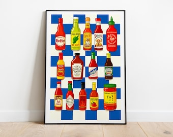 Retro Hot Sauce Poster | Colorful Kitchen Illustration Print