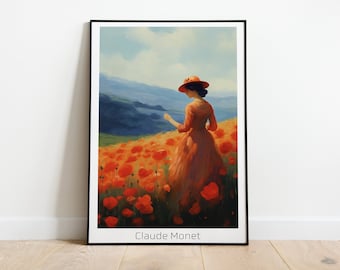 Claude Monet Style Poster, Poppy Field Landscape Print