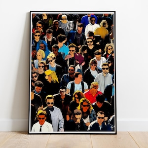 Puede incluir: Una ilustración colorida de una multitud de personas que llevan gafas de sol y ropa informal. Las personas miran en diferentes direcciones, creando una sensación de movimiento y energía.
