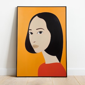 Puede incluir: Una ilustración enmarcada de una mujer con cabello negro y una camisa roja sobre un fondo amarillo.