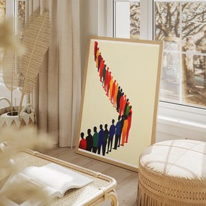 May include: A framed print of a colorful abstract design featuring a line of people in various shades of red, orange, yellow, green, blue, and purple. The people are arranged in a curved line, creating a dynamic and eye-catching composition.