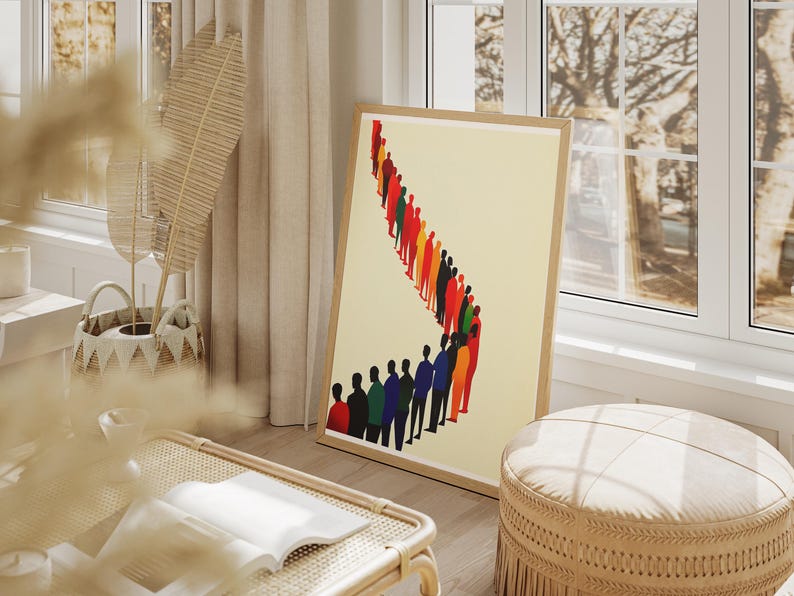 May include: A framed print of a colorful abstract design featuring a line of people in various shades of red, orange, yellow, green, blue, and purple. The people are arranged in a curved line, creating a dynamic and eye-catching composition.