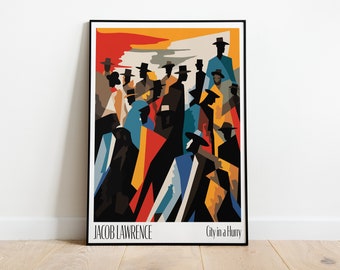 May include: A colorful abstract art print featuring a group of people in hats walking in a city. The print is titled "City in a Hurry" by Jacob Lawrence.