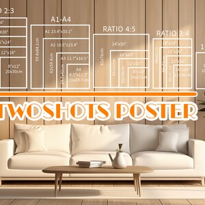 Op de afbeelding: Een grafiek die verschillende posterformaten en verhoudingen laat zien, waaronder 2:3, 4:5, 3:4 en 11x14. De grafiek wordt weergegeven op een houten paneelwand met een witte bank en een kleine tafel ervoor. De tekst "TwoShots Poster" wordt onderaan de grafiek weergegeven.