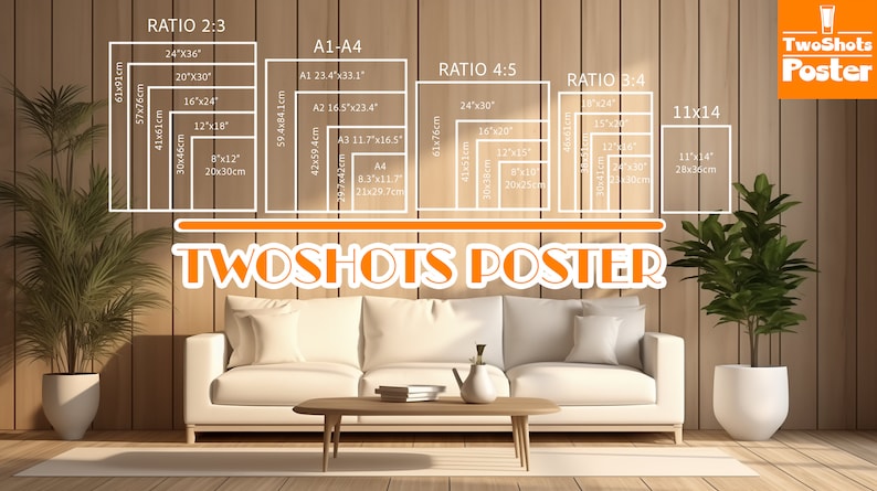 Op de afbeelding: Een grafiek die verschillende posterformaten en verhoudingen laat zien, waaronder 2:3, 4:5, 3:4 en 11x14. De grafiek wordt weergegeven op een houten paneelwand met een witte bank en een kleine tafel ervoor. De tekst "TwoShots Poster" wordt onderaan de grafiek weergegeven.