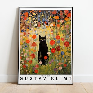 Gustav Klimt Garden Cat Print,Black Cat Art,Stylish Poster Print for Home Decoration, Klimt Flowers Cat Poster, Gutstave Klimt