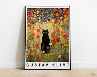 Gustav Klimt Garden Cat Print,Black Cat Art,Stylish Poster Print for Home Decoration, Klimt Flowers Cat Poster, Gutstave Klimt