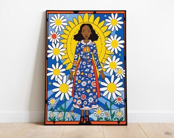 Black Woman Art Print, Naive Folk Style, Daisies Poster